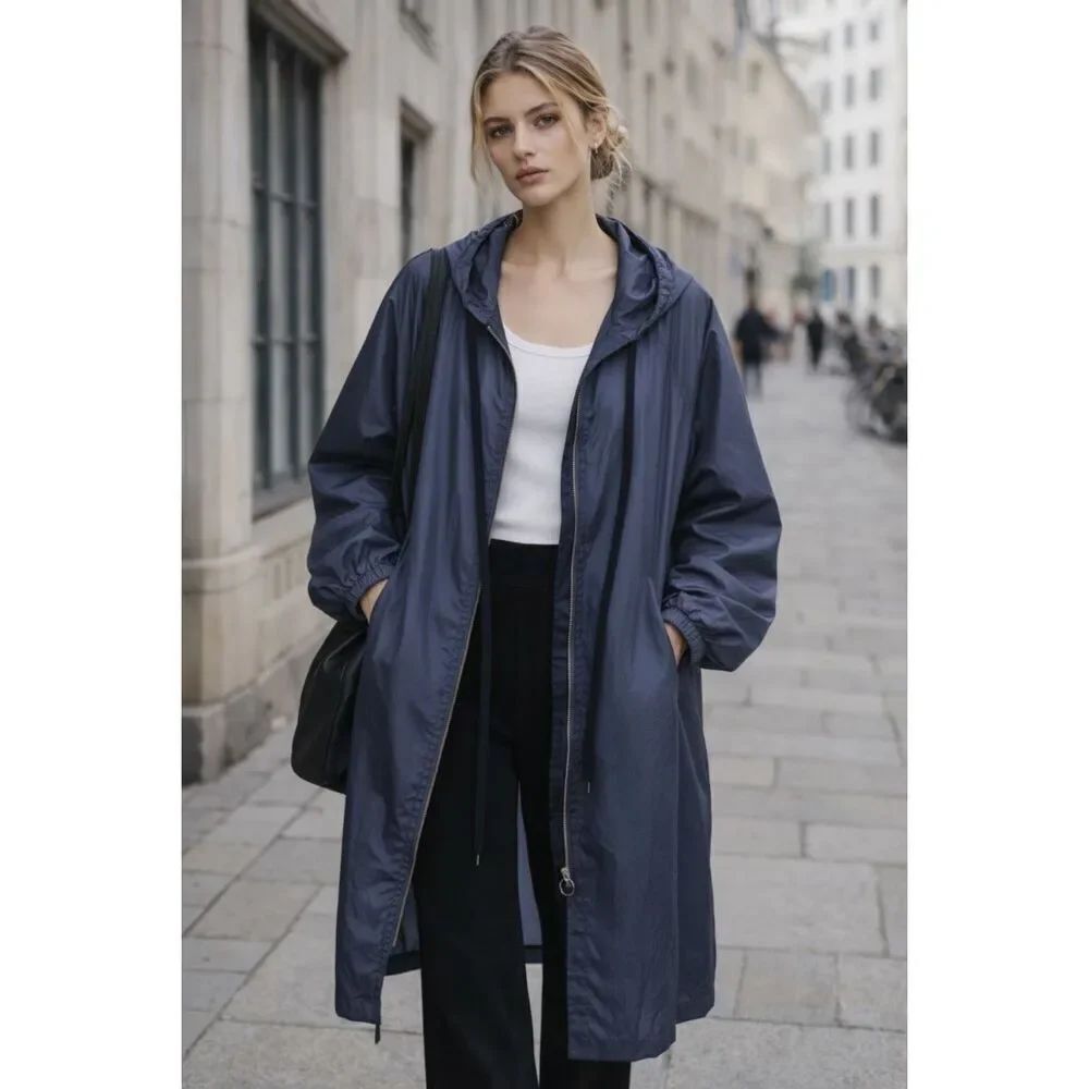 Free People Oversized Packable Windbreaker Jacket Navy Blue Lightweight | NEW